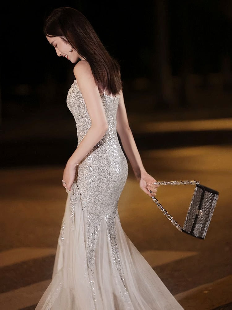 High-end Elegant Silver Sequined Fishtail Evening Dress