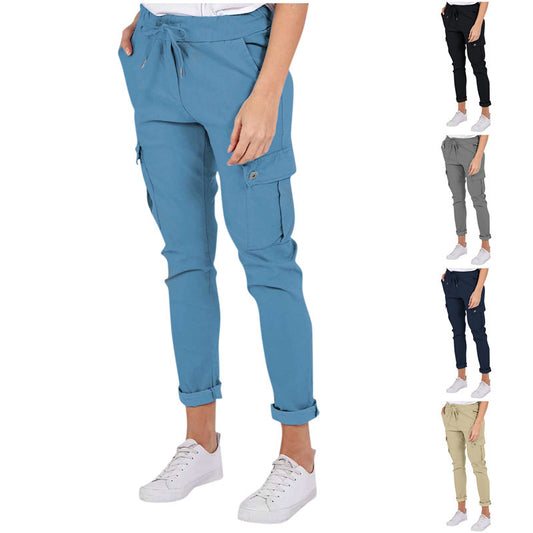 Pantalones cargo casuales con bolsillos Pantalones lápiz de cintura con cordón de color sólido para mujer