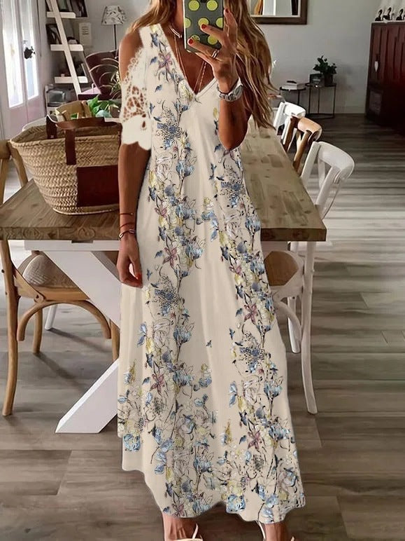 Robe bohème imprimée florale à manches courtes pour femmes, été