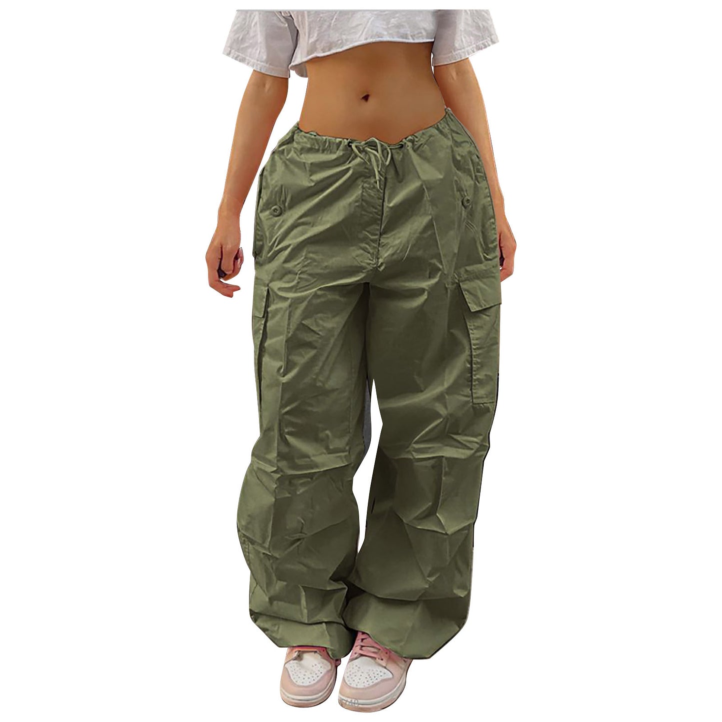 Pantalones Cargo Casuales Para Mujer Color Sólido Diseño De Bolsillo Con Cordón Pantalones De Calle De Moda Niñas