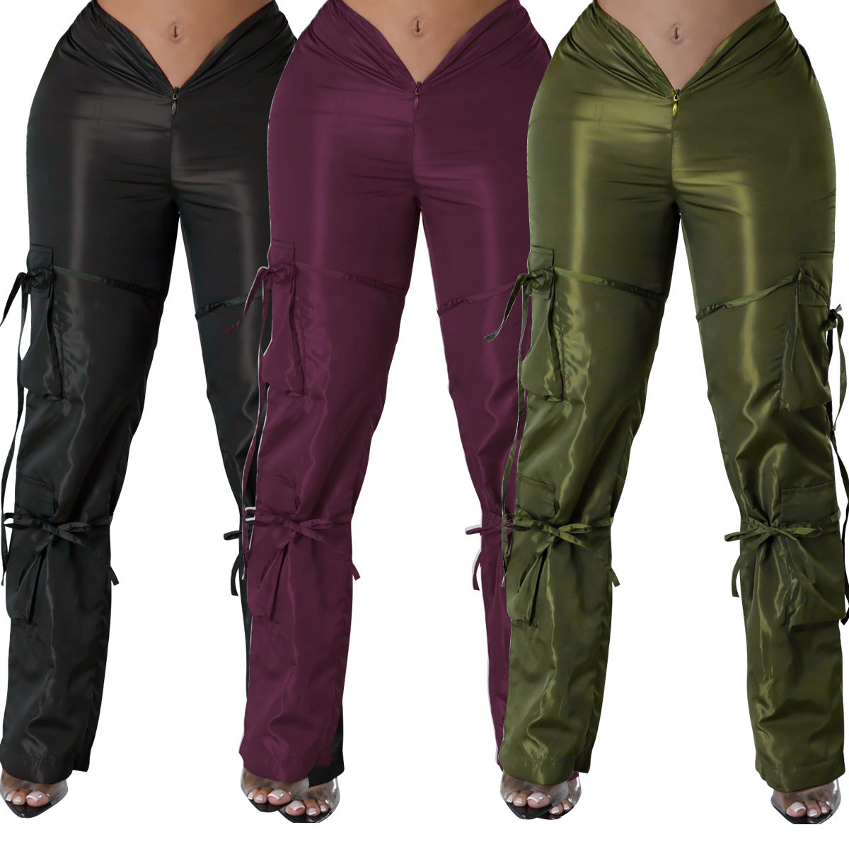 Pantalon décontracté vert avec sangle de fermeture à glissière pour femmes, couleur unie