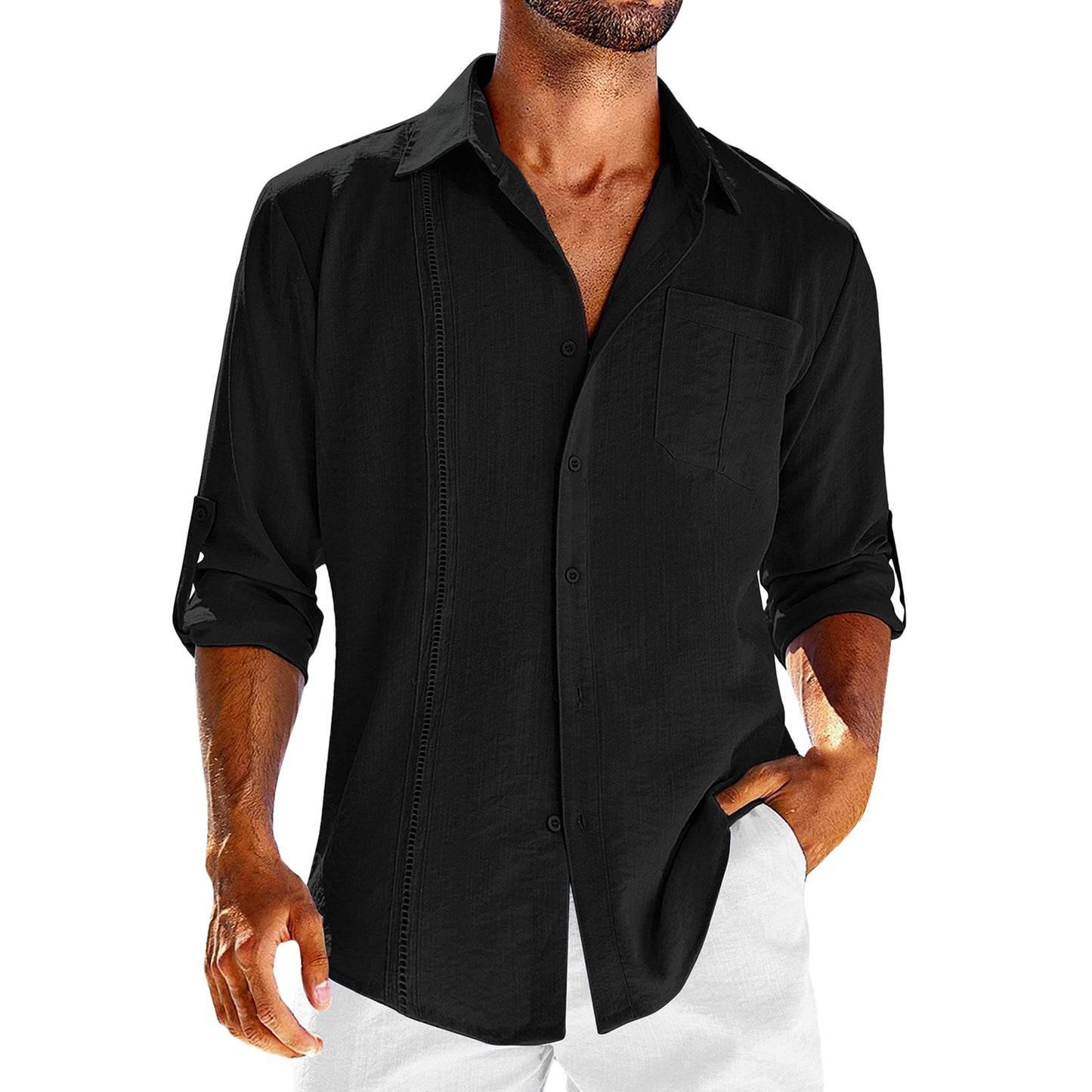 Camisa casual de manga larga con bolsillo, cuello polo de encaje, botón de color sólido, ropa para hombre