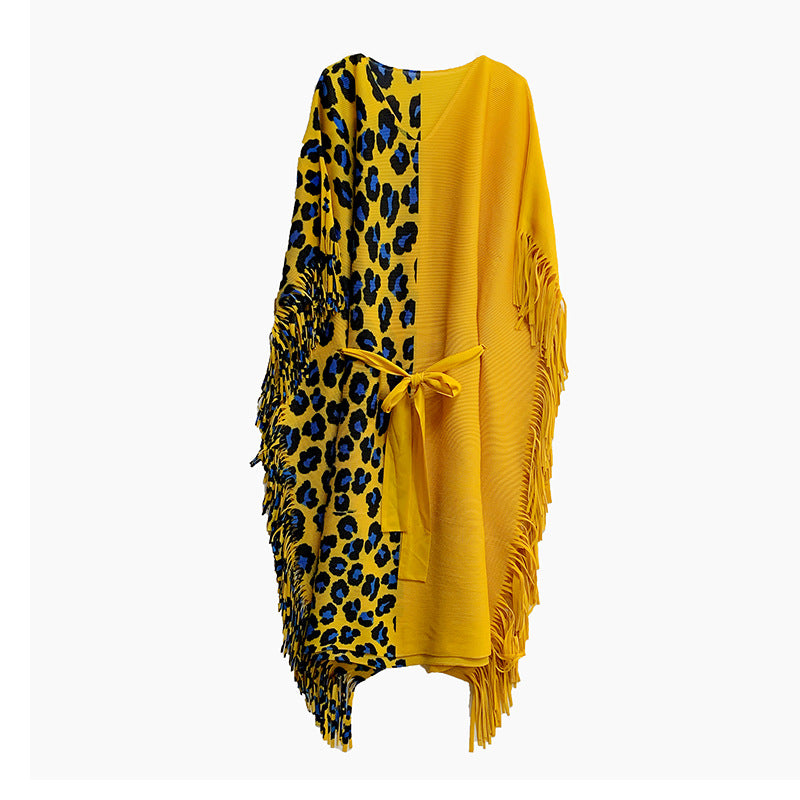 Vestido a juego de colores con estampado de leopardo plisado para mujer de otoño