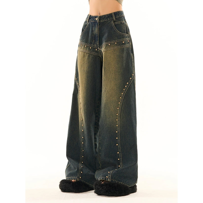 Washed-out Vintage Blue Washed Low Waist Jeans For Women