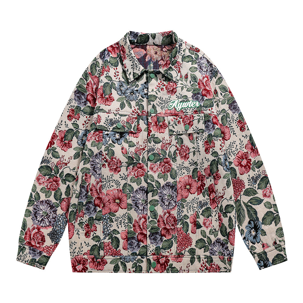 Abrigo holgado con chaqueta floral teñida en hilo con estampado completo retro americano