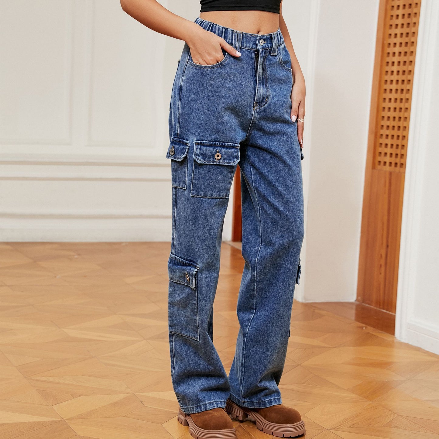 Pantalon décontracté de travail en denim de personnalité de conception semi-élastique lavée américaine