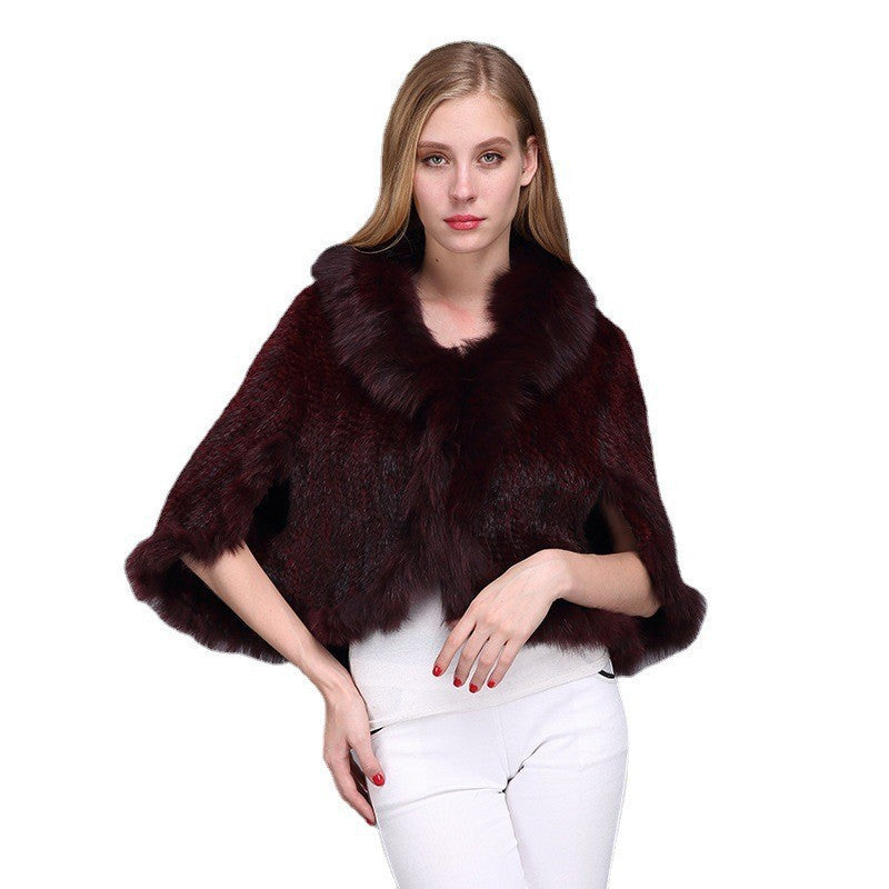 Temperament Warmth Fox Fur Collar Woven Shawl Leather