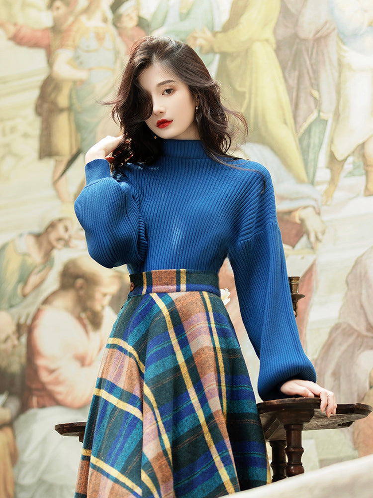 Autumn And Winter New Retro Elegant Blue Turtleneck Knitting Sweater Plaid Skirt Fashion Suit Women