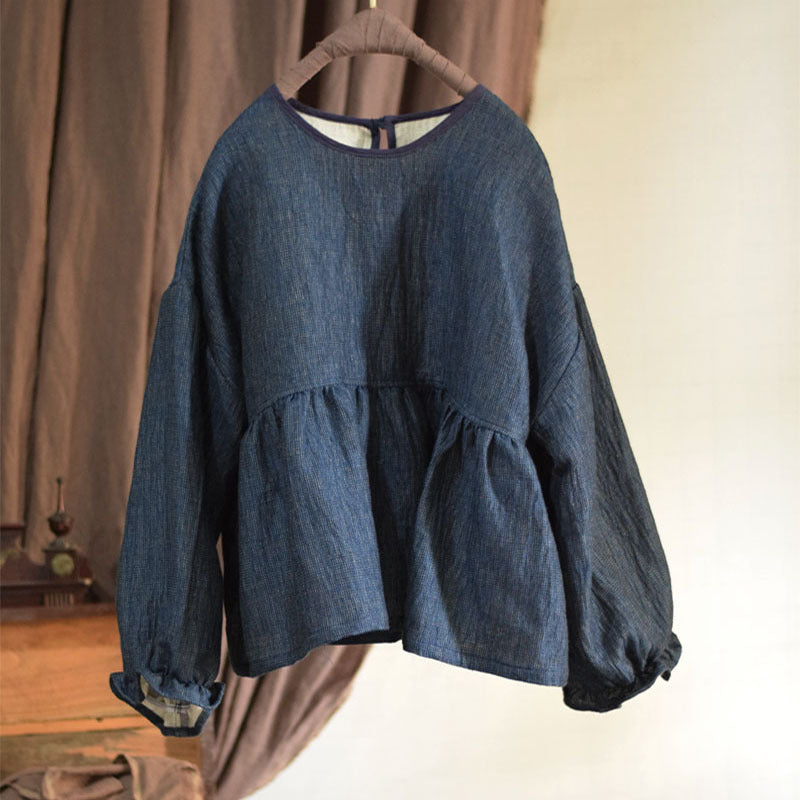 Double-layer Linen Round Neck Cute Anti-aging French Retro Blouse