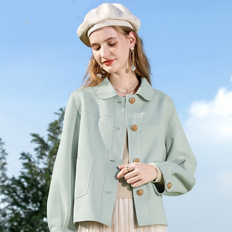 French Style Chiffon Twill Plush Doll Neck Short Jacket