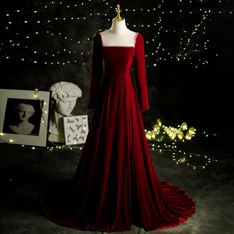 Wine Red Velvet Evening Dress Female Host Performance Dress