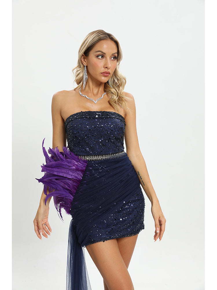 Mode décontracté paillettes violet bustier tubulaire couture robe irrégulière serrée