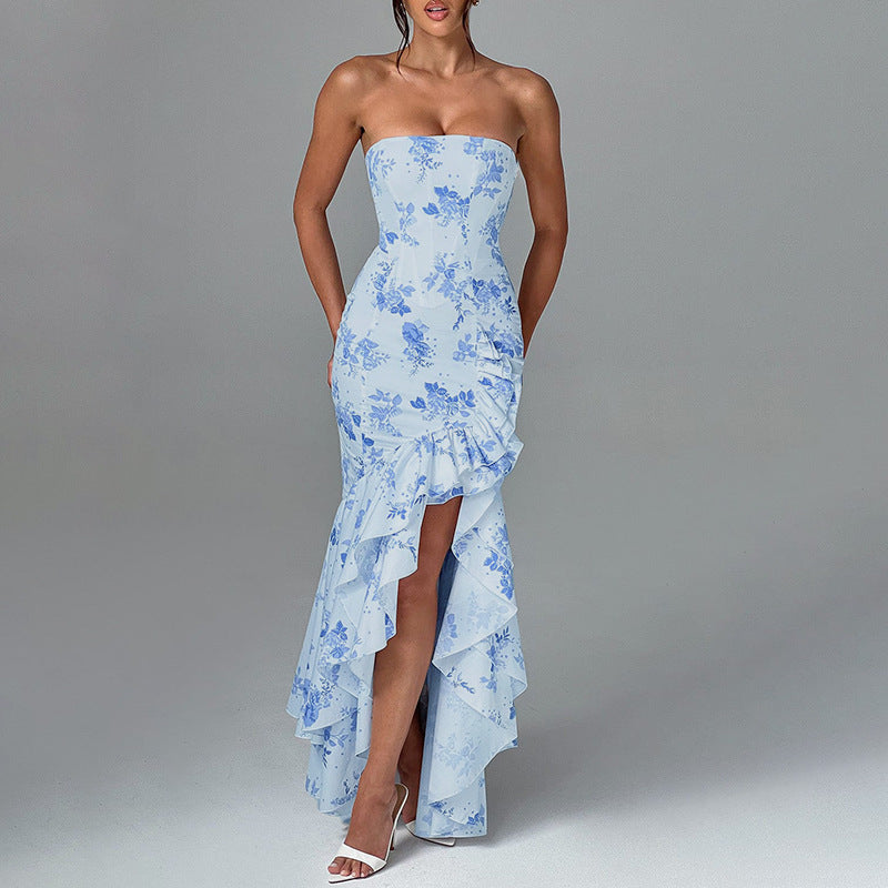 Summer Printed Tube Top Ruffled Slit Dress