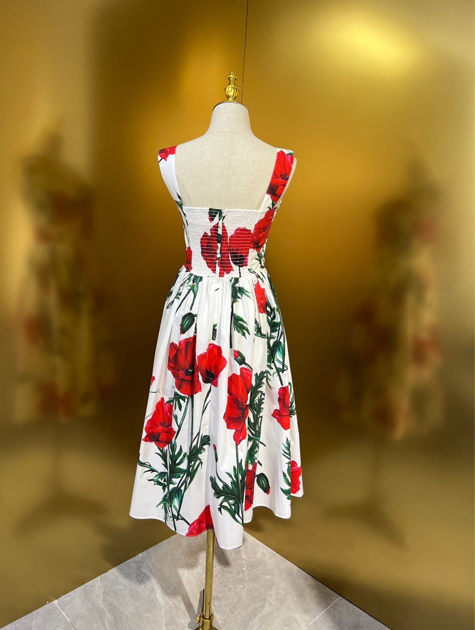 White Waisted High Waist Print Swing Temperament Commute Dress