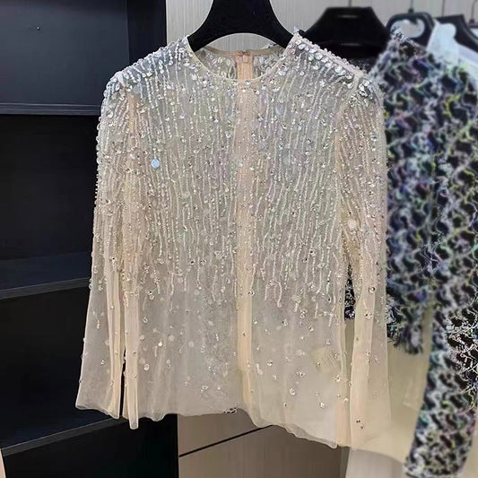 Blouse diamantée, haut en maille à paillettes et cristaux, femme