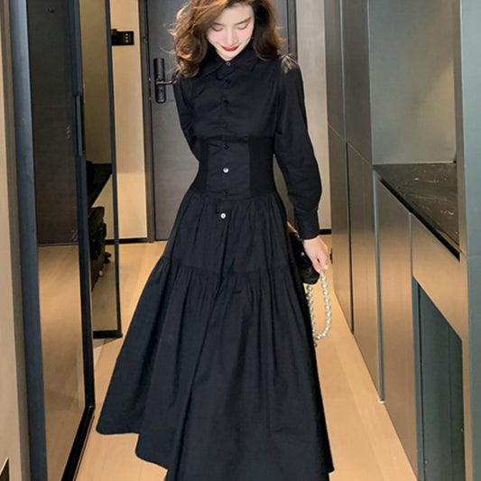 Vestido camisero estilo Hepburn elegante retro estilo francés negro