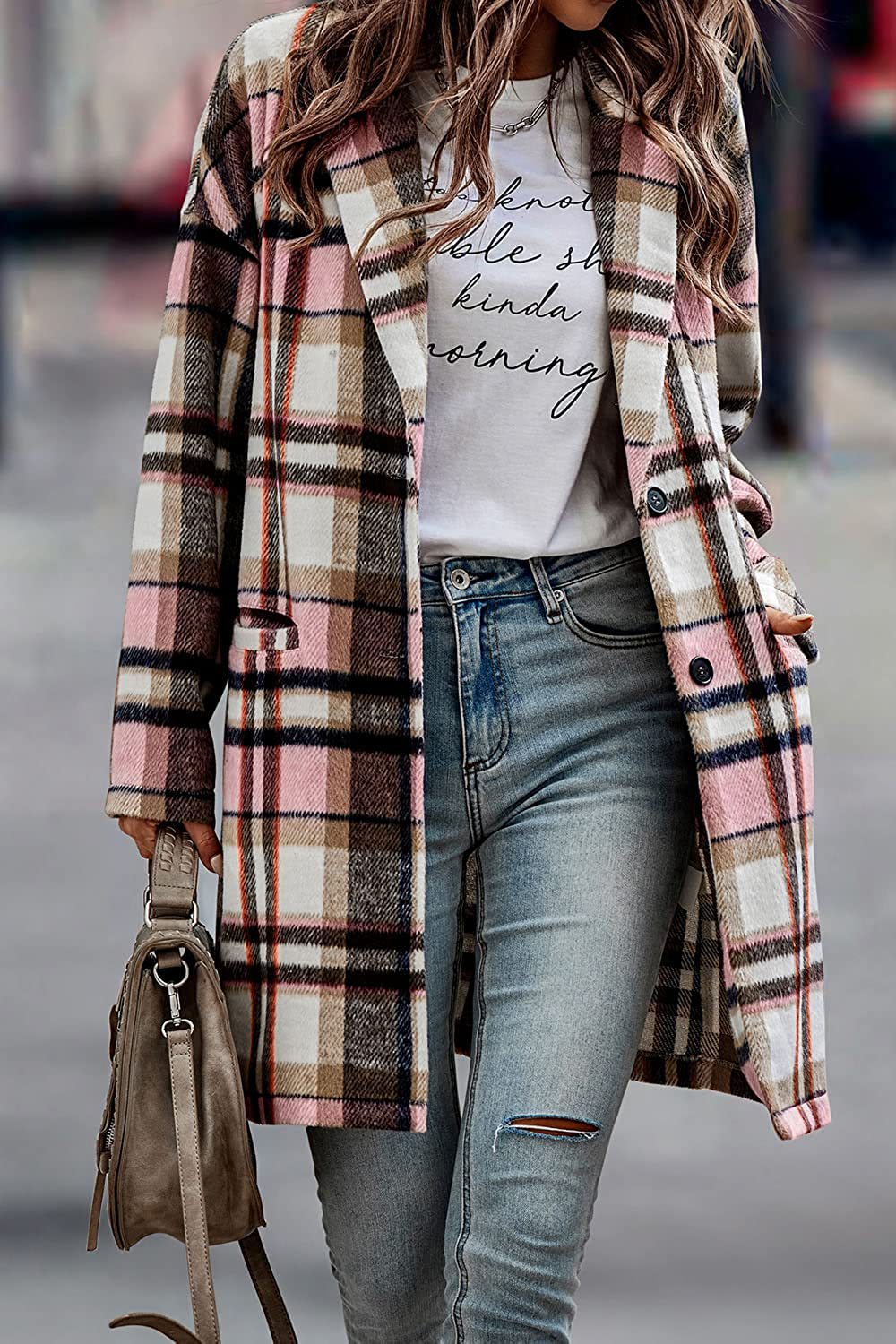 Veste longue à carreaux avec poches, manteau en laine à col rabattu, nouveau Style, vêtements d'extérieur pour femmes, automne et hiver