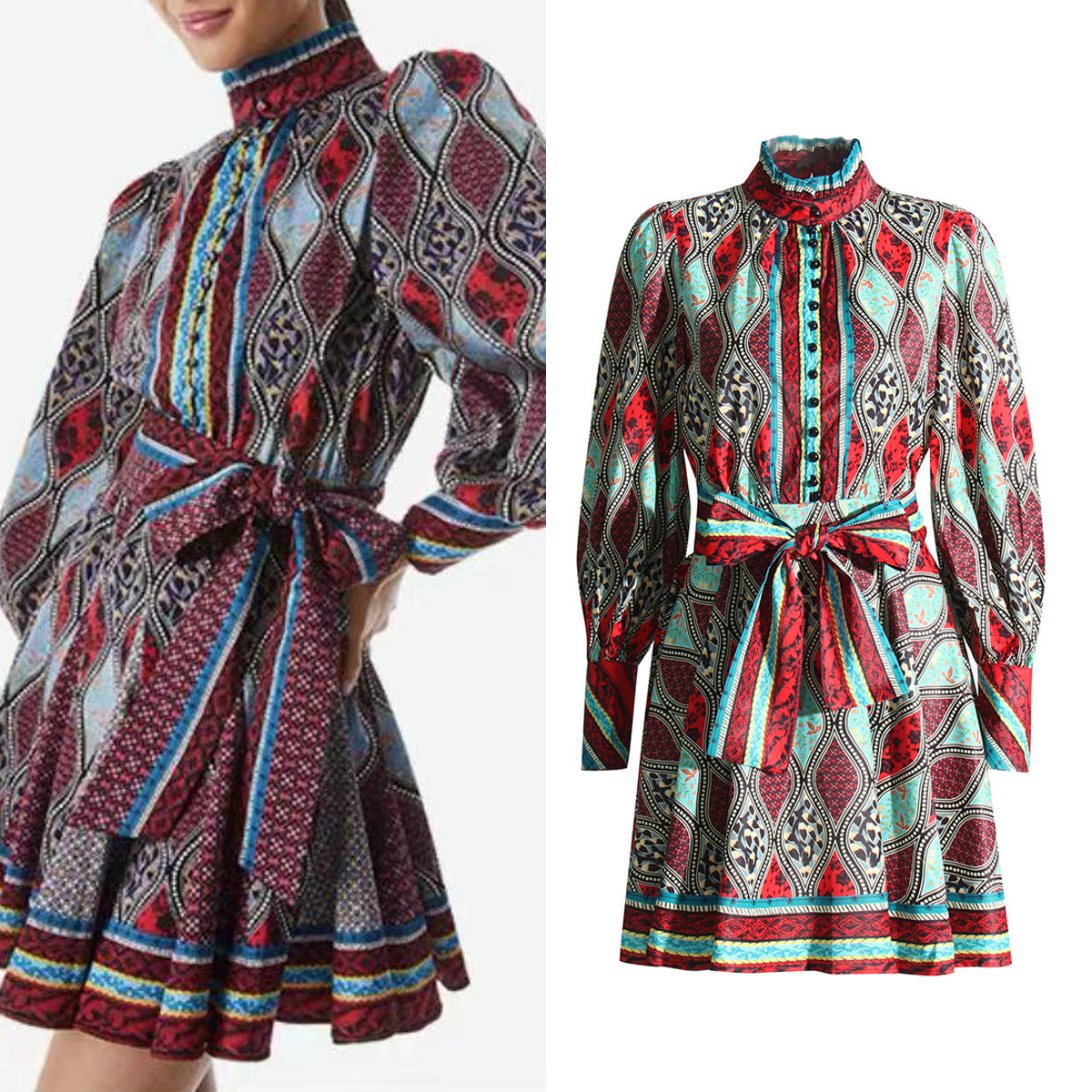 Stand Collar Long Sleeve Lace-up Waist Personalized Print Dress