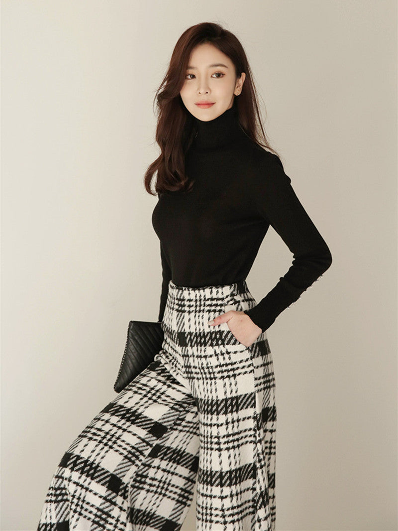 Temperament Black And White Houndstooth Slim-fit Wide-legged Pants