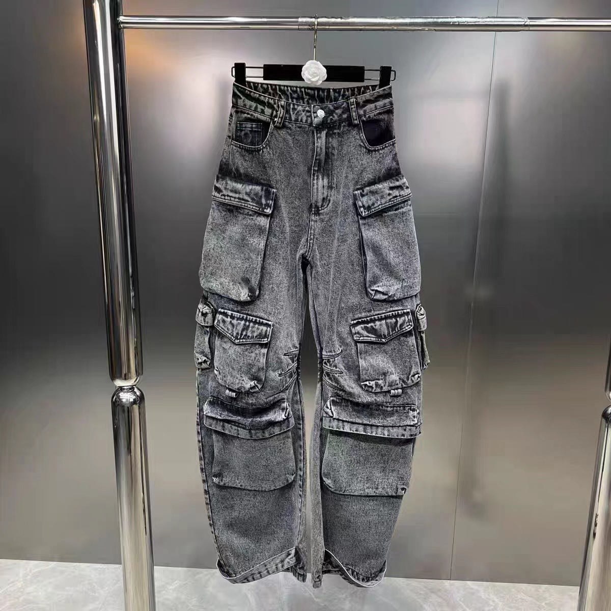 Jean multi-poches pour femmes, pantalon à jambes larges décontracté à la mode