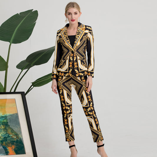 European And American Retro Printed Suit Jacket And Straight Trousers