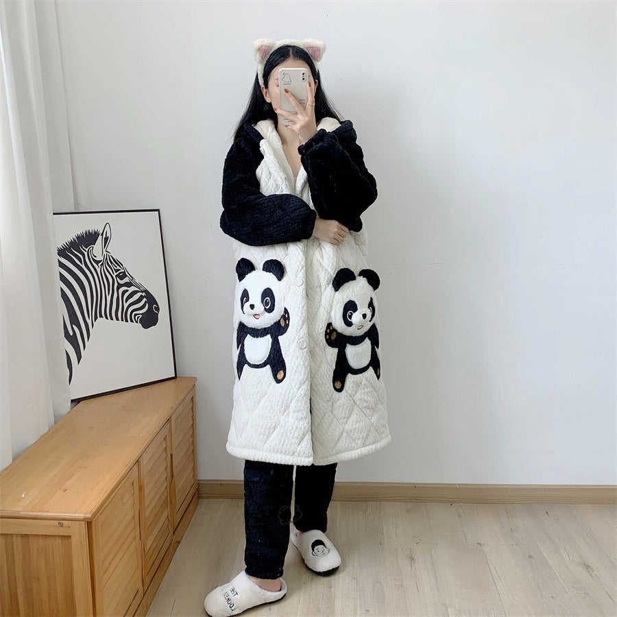 Couple Pajamas Men's And Women's Autumn And Winter Three-layer Thickened Cartoon Flannel Warm Loungewear Suit