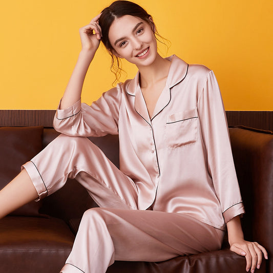 Pyjama d'été en soie pour femmes, ensemble deux pièces à manches longues, en soie de mûrier, vêtements de maison pour Couple