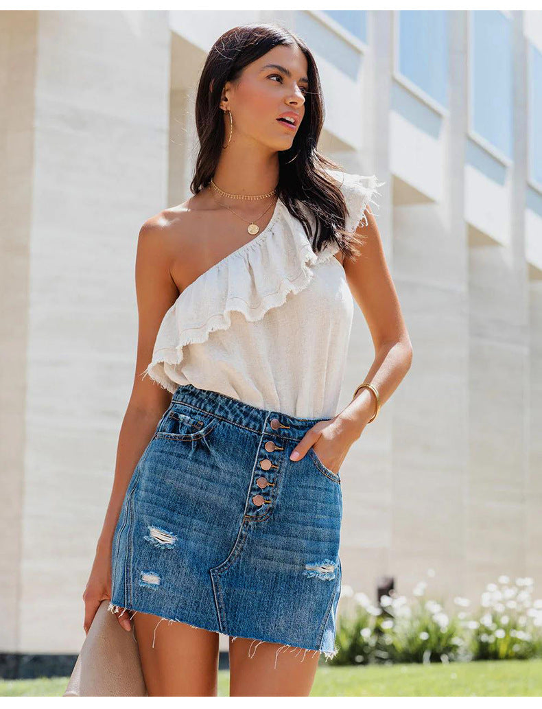 Falda vaquera informal con varios botones, lavada y rasgada para mujer