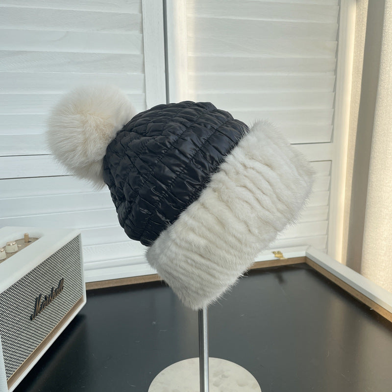 Winter Warm Mink Fur Woven Mink Fur Cap Women's Cute Fox Fur Ball Down Cotton Ear Protection Fur Hat