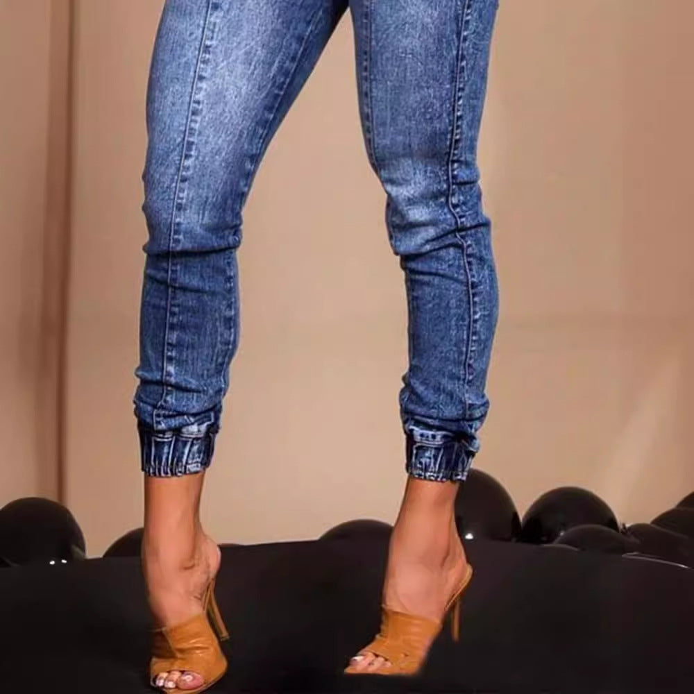 Jean Slim à lacets pour femmes, taille élastique