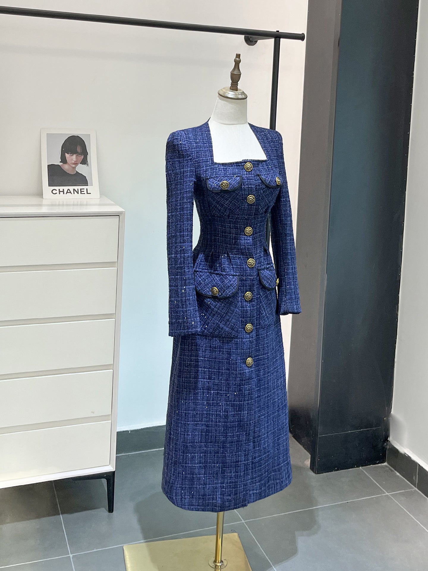 Vestido de alta sociedad con temperamento tejido de tweed francés