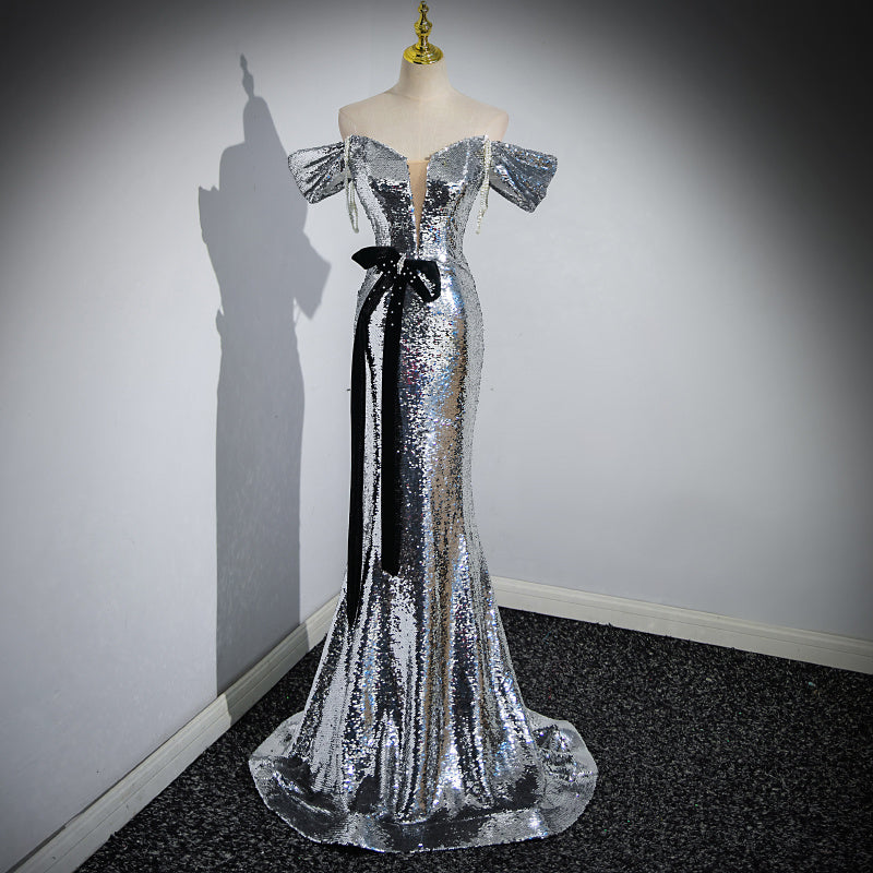 Robe de soirée à paillettes argentées pour femmes, épaules dénudées