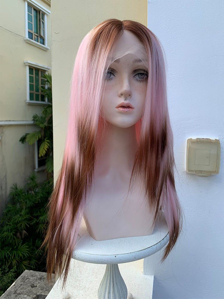 Cartoon Character Pink Gradient Earthy Brown Split Wig