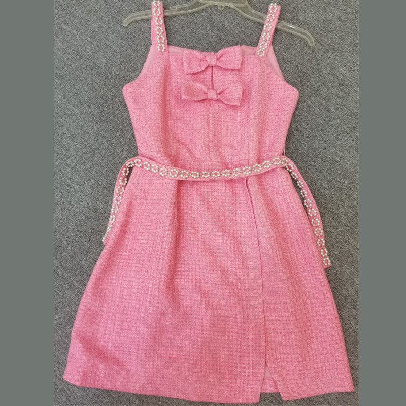 Spring And Summer Classic Style Carded Woollen Fabric New Style Pink Strappy Bow Dress