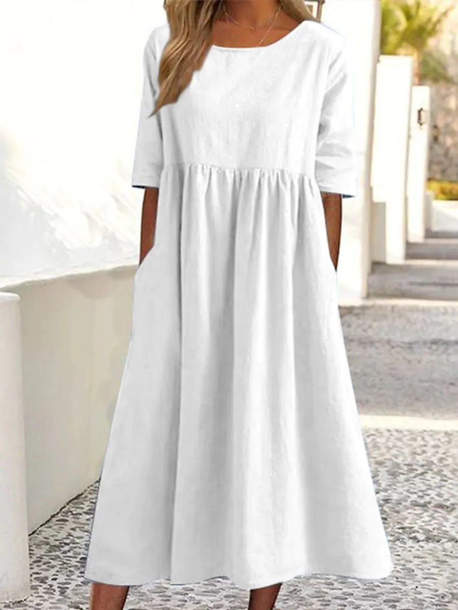 Robe décontractée en coton et lin pour femmes, manches courtes, avec poches