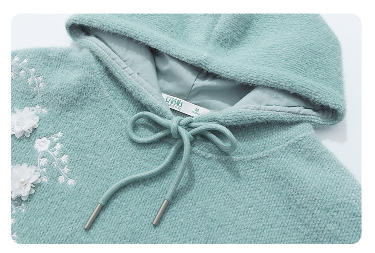 Green Hooded Sherry Embroidered Soft And Sticky Loose Sweater For Women