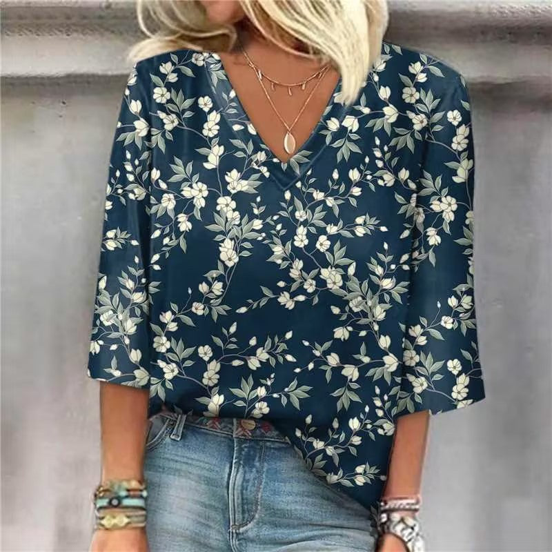 Women's Fashion V-Neck Printed Casual Loose Top