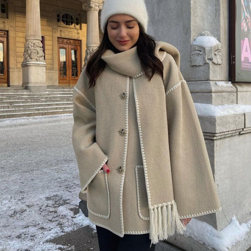 Abrigo de lana gruesa para mujer con bufanda y borlas, chaqueta holgada a la moda, ropa de calle informal para oficina y otoño e invierno