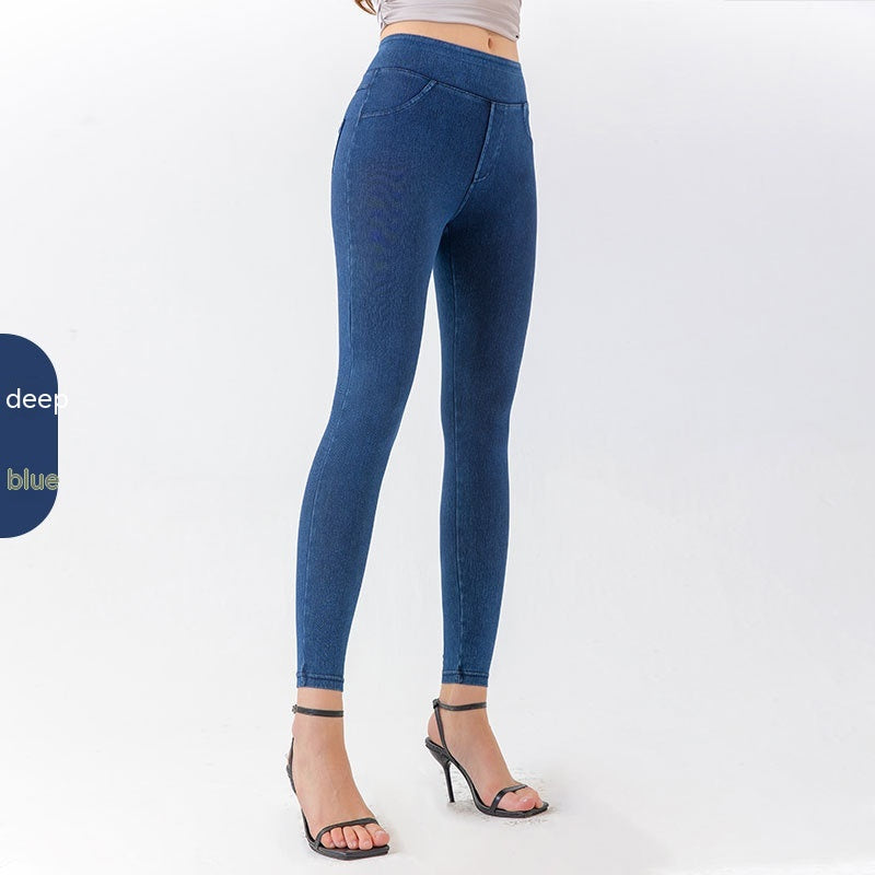 Pantalones de yoga de mezclilla Pantalones casuales ajustados deportivos de bolsillo adelgazante de cintura alta para mujer