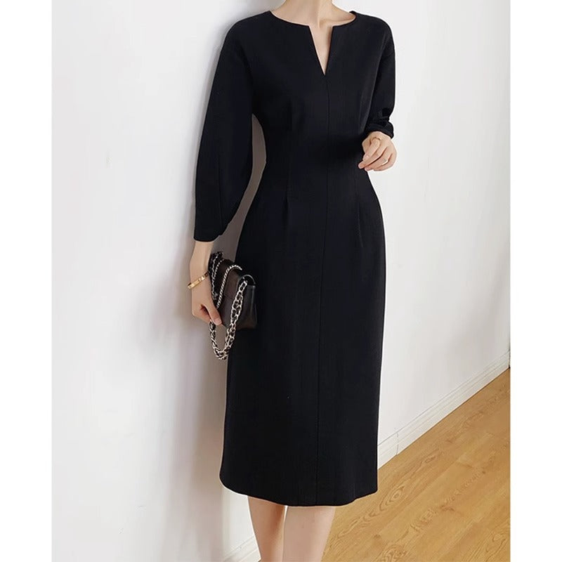 Women's Fashion Simple V-neck Puff Sleeve Waist-tight Dress