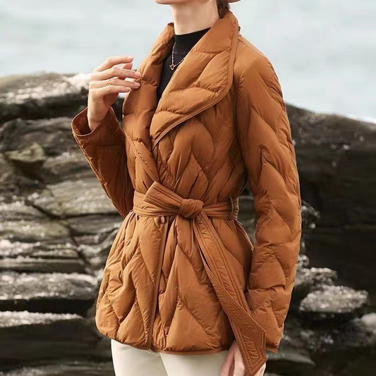 White Goose Down Light Thin Fashion Waist Trimming Coat