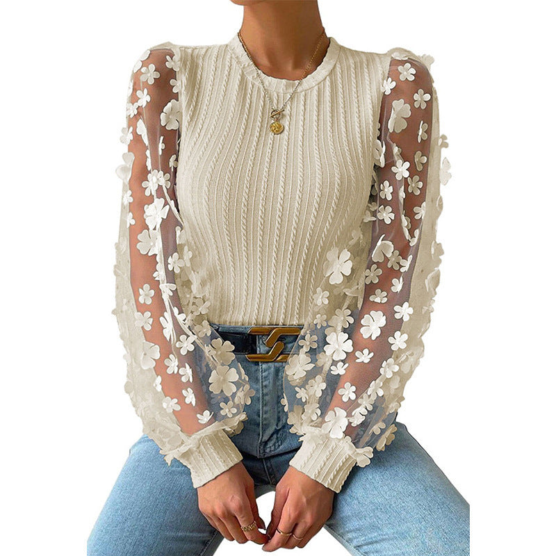 Camisa de gasa con flores pequeñas de malla para mujer Top de manga larga con cuello redondo de verano