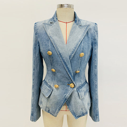 Veste de costume en jean slim à double boutonnage avec bouton lion pour femme