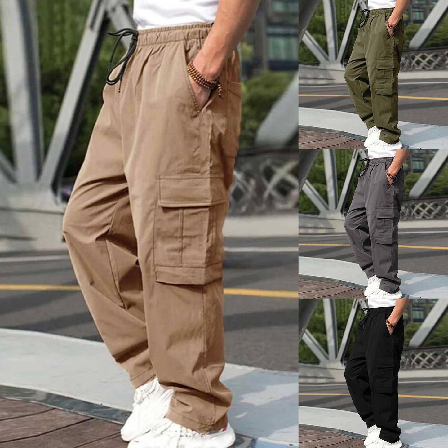 Pantalones cargo casuales para hombres Pantalones sueltos rectos con cordón en la cintura y bolsillos