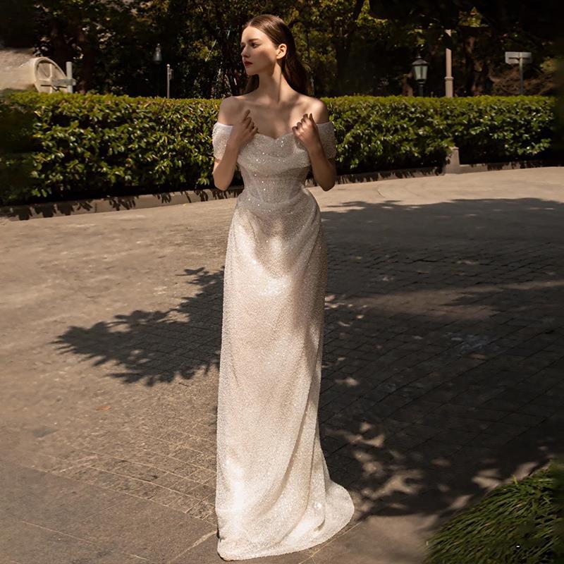 Velo de novia estilo Hepburn para novia, vestido de noche con hombros descubiertos