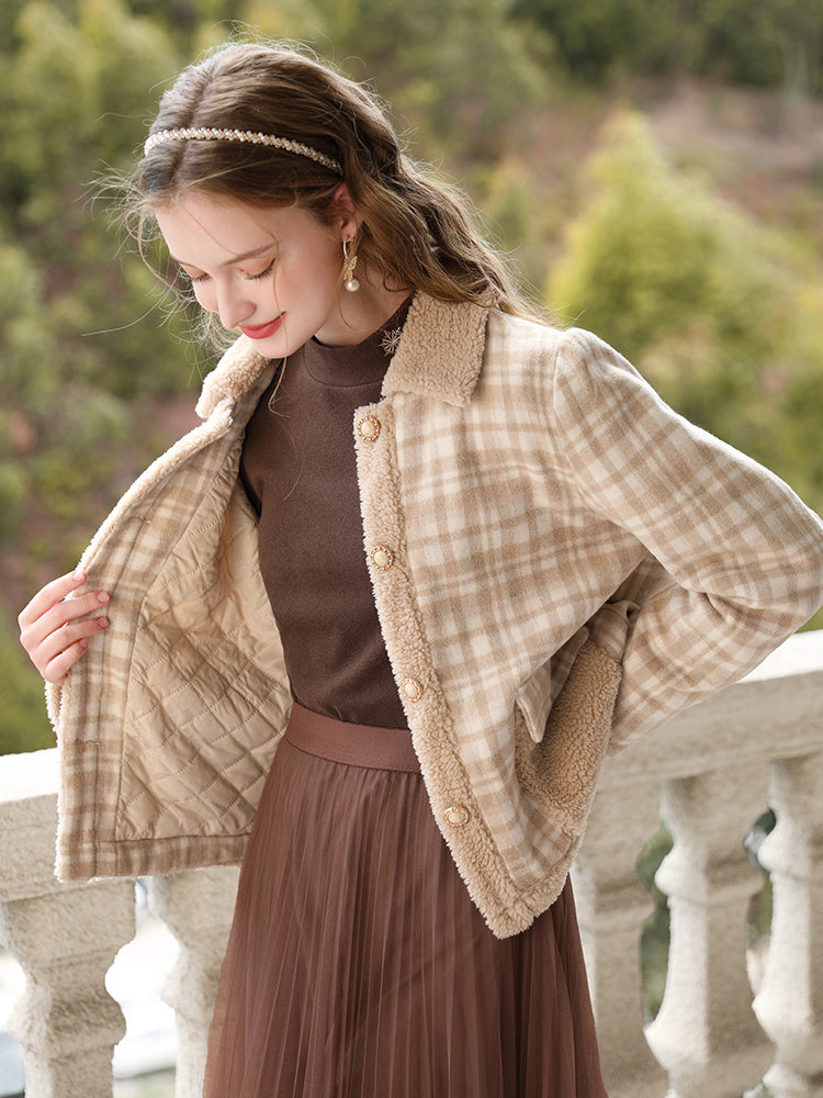 Veste en coton patchwork en cachemire d'agneau à carreaux pour femme