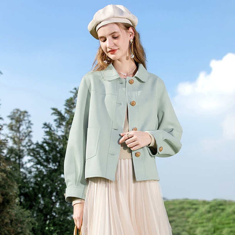 French Style Chiffon Twill Plush Doll Neck Short Jacket