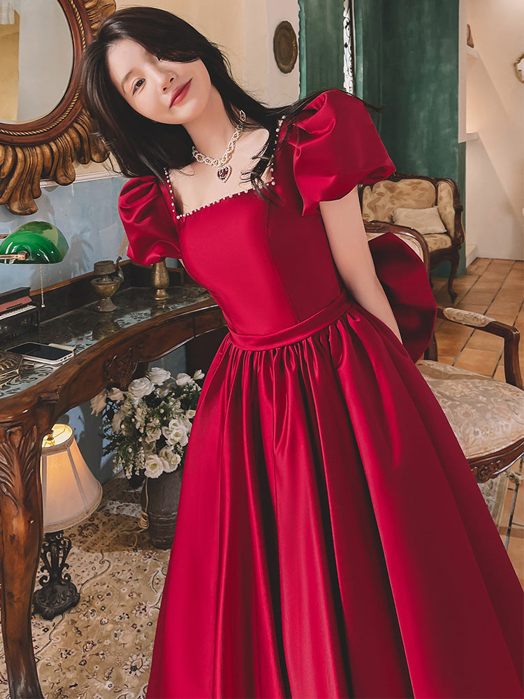 Winter Wine Red Engagement Daily French Princess On The Run Satin Dress