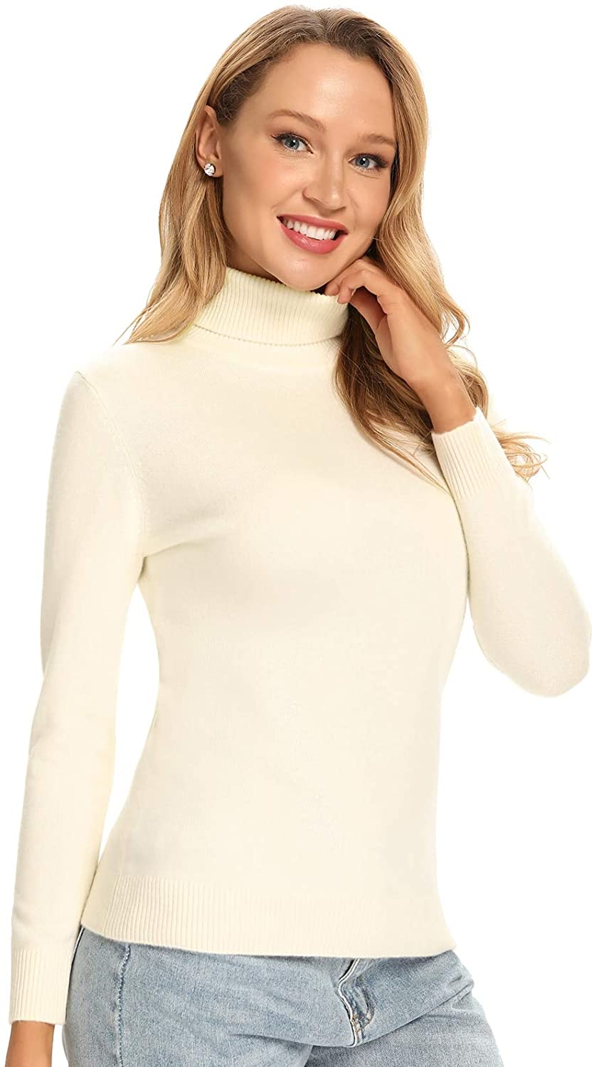 Pull à col roulé en laine mérinos 100% pour femme, manches longues, léger et confortable 