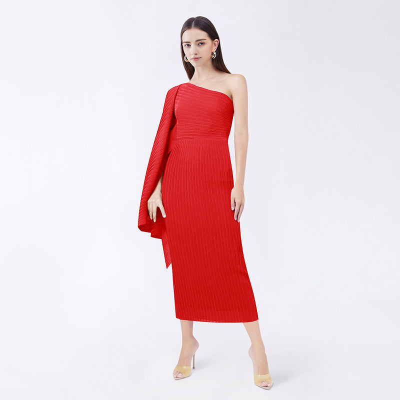 Spring Women's Temperament Irregular Bevel Waist-slimming Long Dress